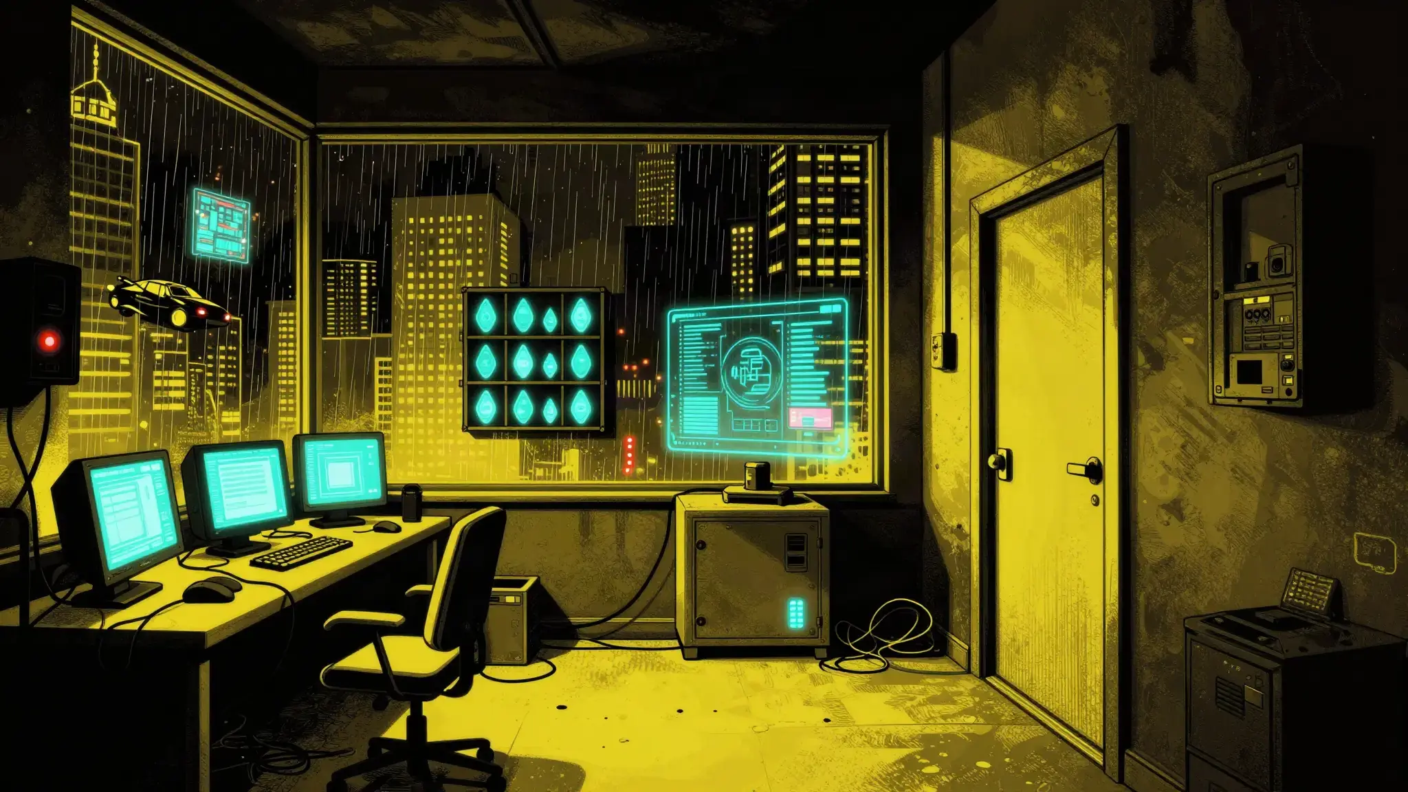 A netrunner's room at night: desk terminals, a rack of data shards and a holo display on the rain-streaked window, a locked cabinet, a door, and an audio panel on the wall.